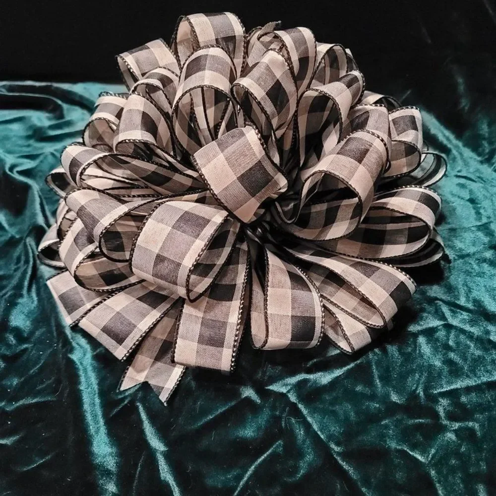 Christmas Tree‎ Bow Topper, Black and Beige Plaid Tree Topper Bow, Christmas